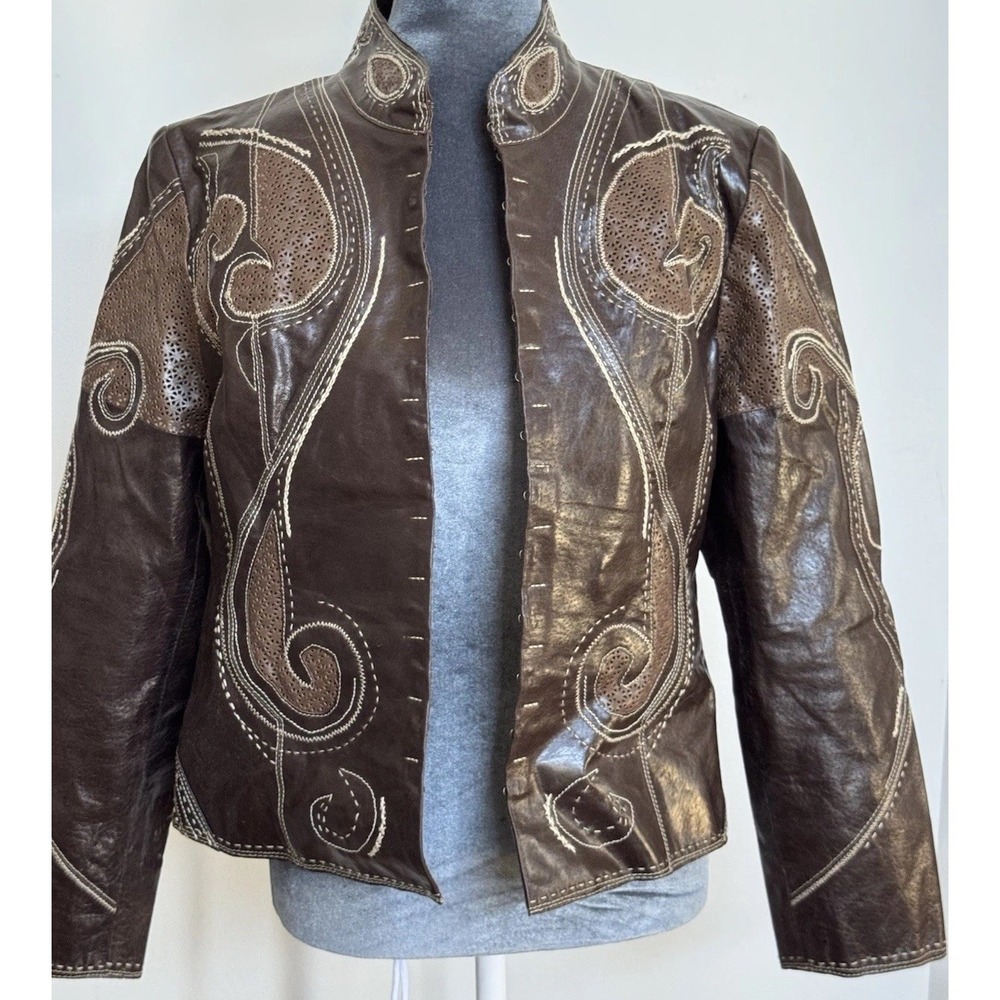 Pamela Mccoy Brown Leather Jacket M Embroidered Western Moto Boho Perforated